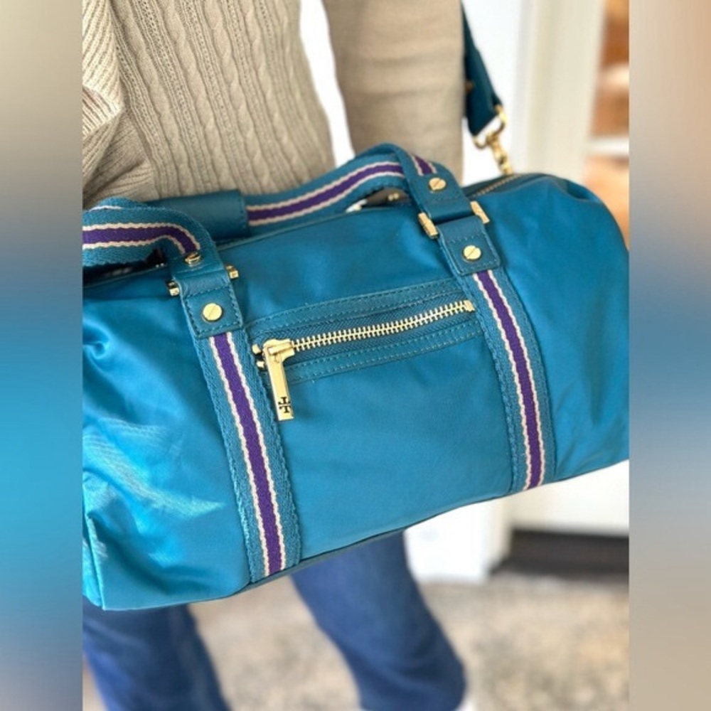 Tory Burch Teal Leather Weekend Duffel with Purple & Cream Stripes